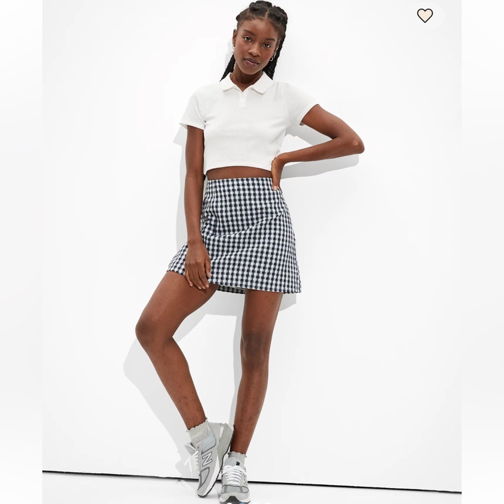 American Eagle Outfitters Linen Blend Gingham Notched Mini Skirt